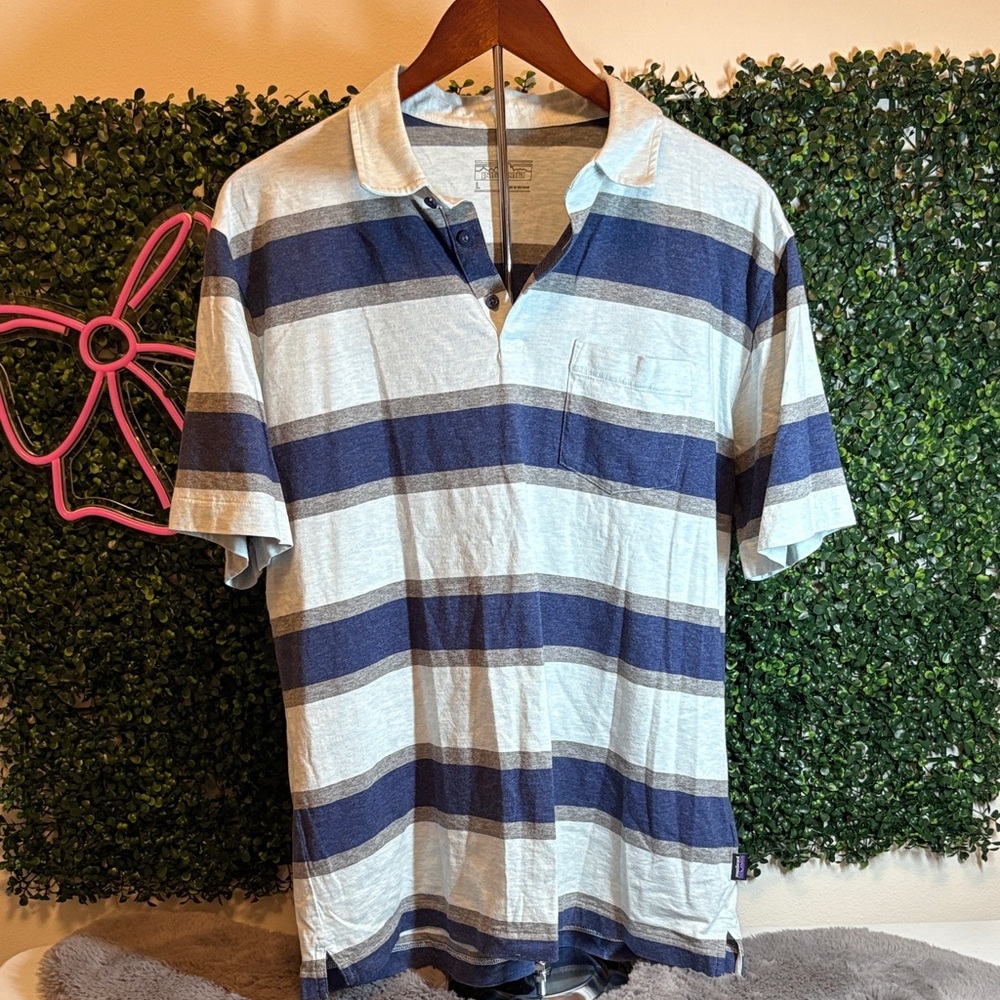 Patagonia Navy and Light Gray Horizontal Stripe Polo